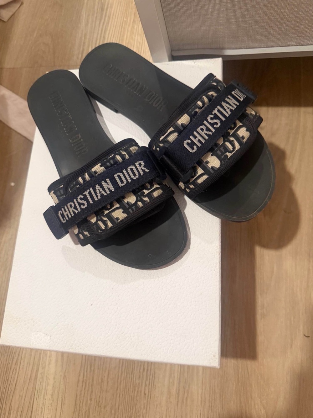 Christian Dior Blue & Beige Logo Strap Slide Sandals